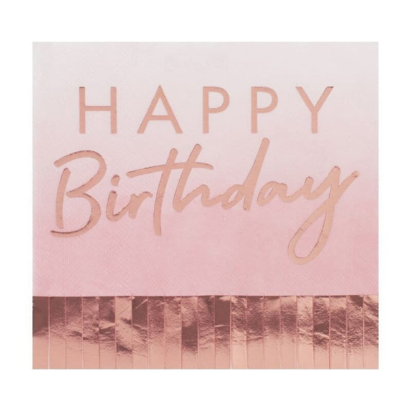 Happy Birthday Pink and Rose Gold Fringe Napkins 