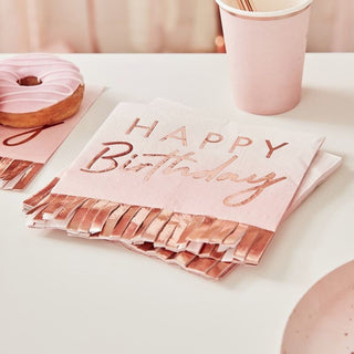 Happy Birthday Pink and Rose Gold Fringe Napkins 