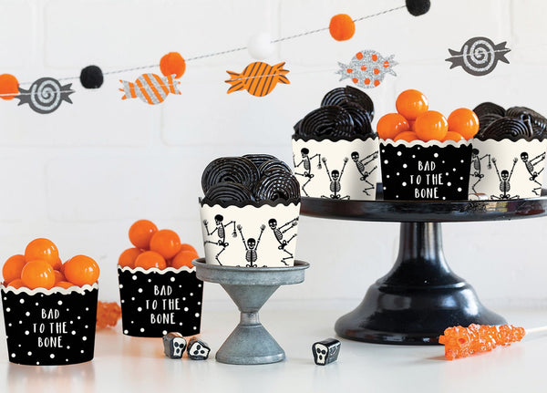 Bad to the Bone Baking Cups / Skeleton Treat Cups / Funny Halloween / Dancing Skeletons / Punny Halloween Napkins / Halloween Party Decor