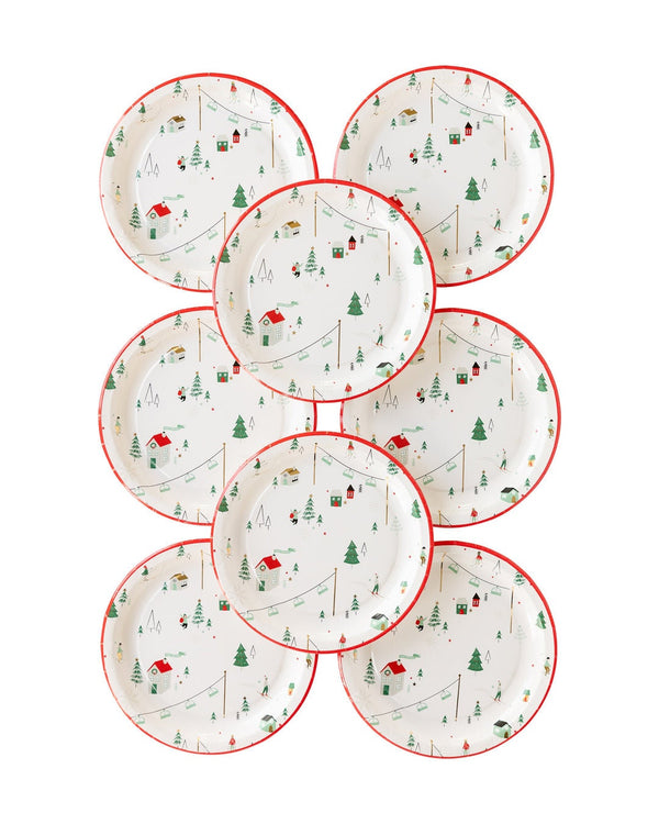 Cozy Lodge Winter Scene Plates / Skiing Round Plates / Winter Wonderland Plates / Cozy Ski Hill Plates / Christmas Tableware