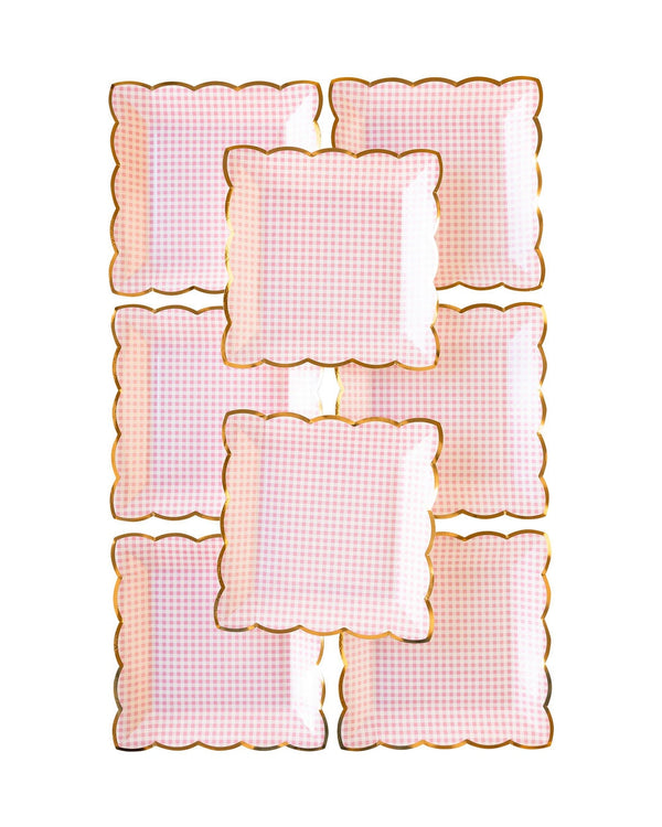 Pink Gingham Square Plate / Pink Gingham Plate / Pink Baby Shower Plate / Pink Bridal Shower Plate / Pink and Gold Plate