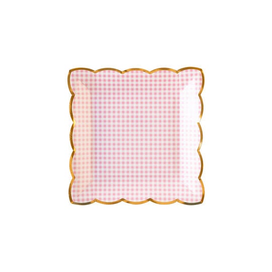 Pink Gingham Square Plate / Pink Gingham Plate / Pink Baby Shower Plate / Pink Bridal Shower Plate / Pink and Gold Plate